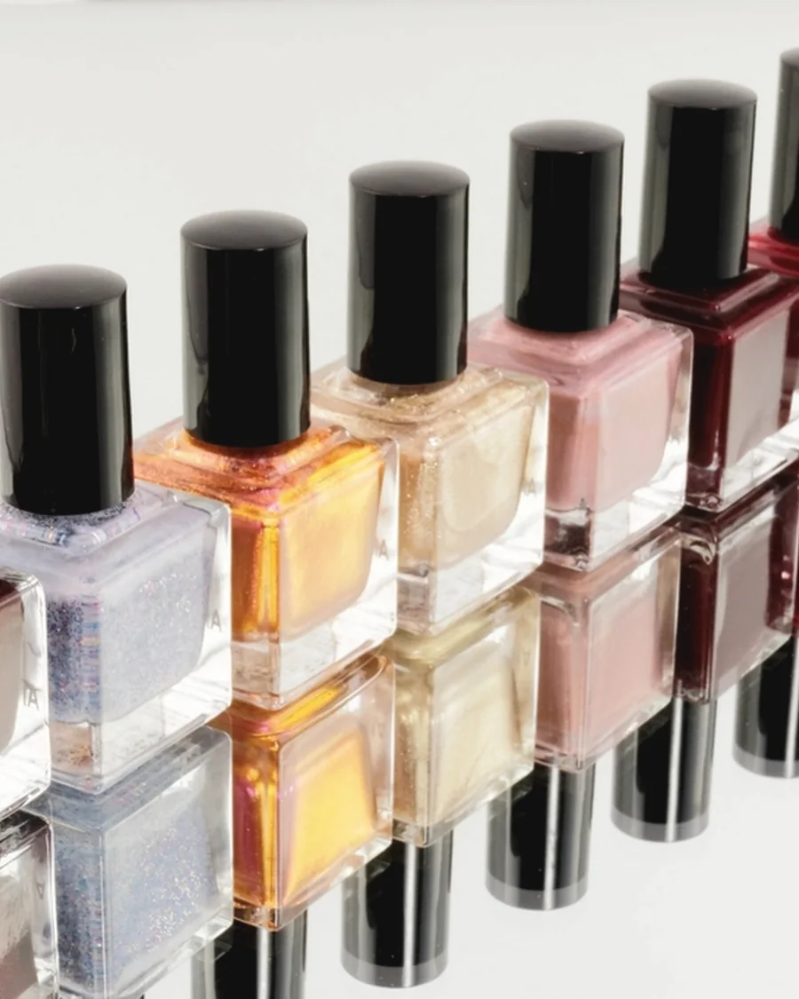 Stock photo of a row of nail polish bottles